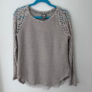 Anthropologie One September Lace Sleeve Top Knit Pullover Gray Small